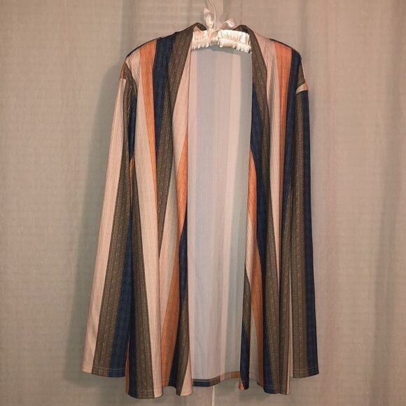 XL Colored Vertical Striped Ribbed Waterfall Open Long Sleeve Cardigan Duster - Picture 1 of 10